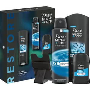 Set ingrijire corp DOVE Men+Care Clean Comfort: Gel de dus, 250ml + Deodorant spray, 150ml + Deodorant stick, 50ml + Husa telefon