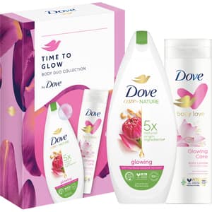 Set ingrijire corp DOVE Glowing: Gel de dus, 225ml + Lotiune de corp, 250ml