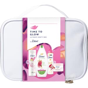 Set ingrijire corp DOVE: Gel de dus Glowing, 225ml + Deodorant spray Pomegranate, 150ml + Lotiune de corp Glowing Care, 250ml + Scrub Pomegranate, 225ml + geanta