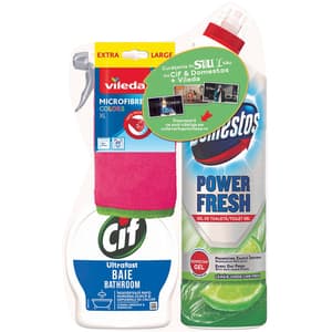 Pachet: Dezinfectant gel DOMESTOS, Lime, 700 ml + Spray suprafete baie CIF, 500 ml + Laveta microfibra VILEDA Colors