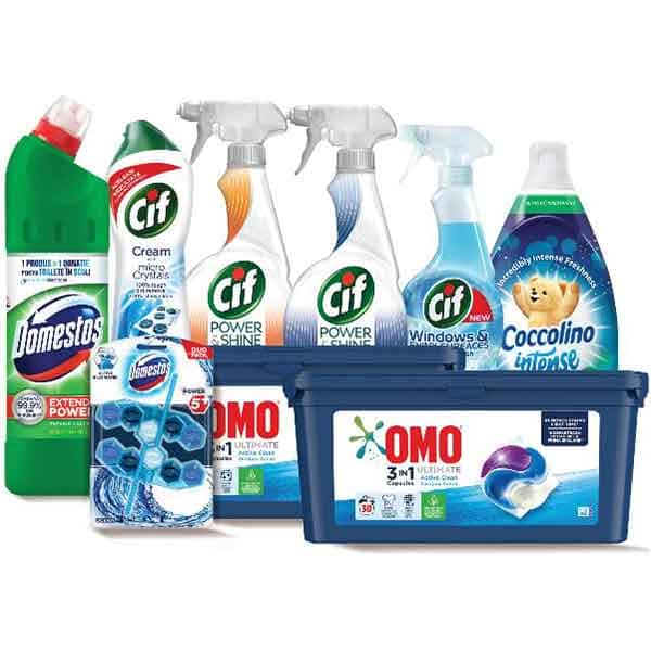Pachet detergenti pentru curatenia casei OMO + COCCOLINO + CIF + DOMESTOS, 9 bucati + ursulet cadou