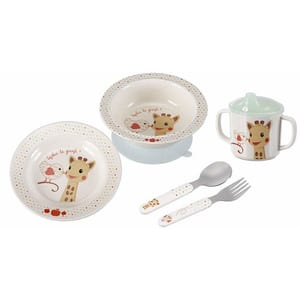 Set complet hranire VULLI Girafa Sophie & Kiwi, 6 luni+, 5 buc, alb-bleu