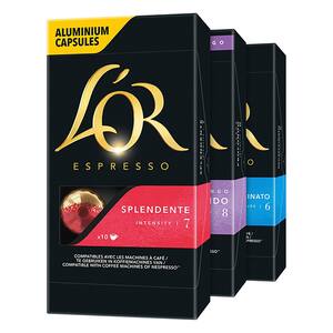 Pachet capsule cafea L'OR 10 buc Espresso Splendente + 10 buc Lungo Profondo + 10 buc Espresso Decaffeinato, compatibile Nespresso, 156g