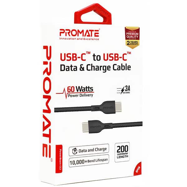 Cablu USB-C - USB-C PROMATE Powerbeam-CC2, 2m, negru