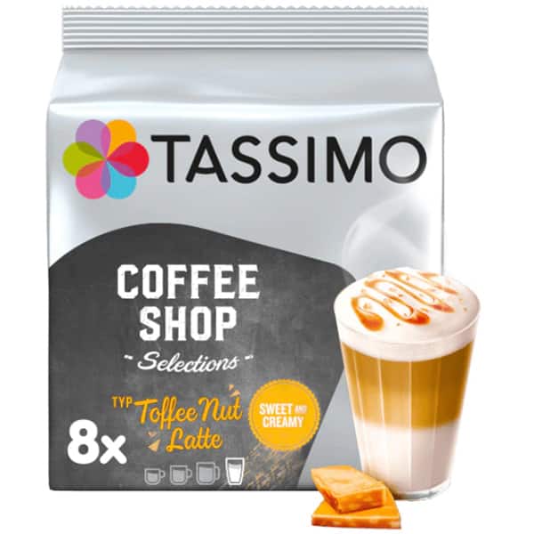 Capsule cafea JACOBS Tassimo Coffee Shop Toffee Nut Latte, 8 capsule cafea + 8 capsule lapte, 268g