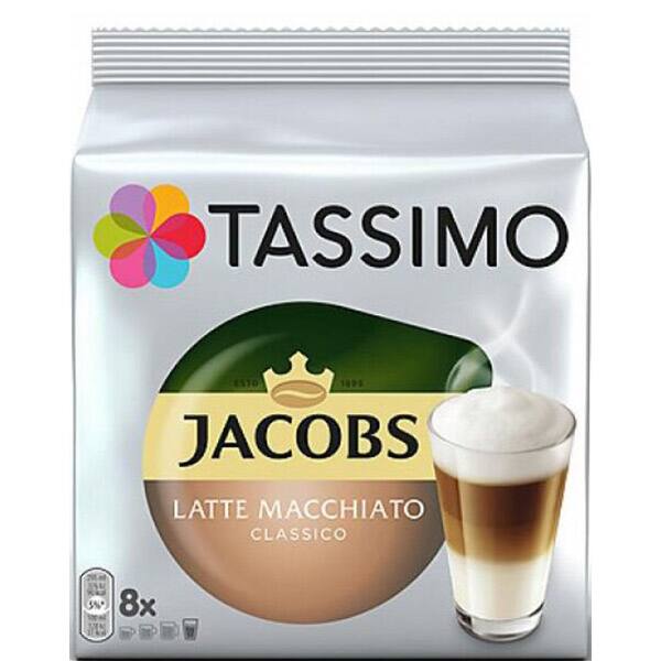 Pachet capsule cafea JACOBS: Tassimo Cafe au Lait + Latte Machiato + Caramel Macchiato + Cafe Crema Intenso + Cafe Crema XL, 80 capsule, 64 bauturi, 982g