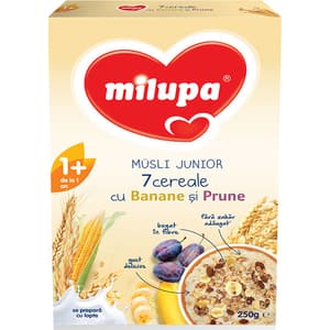 Cereale MILUPA Musli Junior 7 cereale cu banane si prune 544480, 12 luni+, 250g