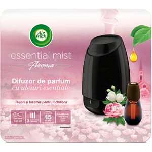 Difuzor de parfum AIR WICK Essential Mist negru cu Bujori si Iasomnie, 20 ml