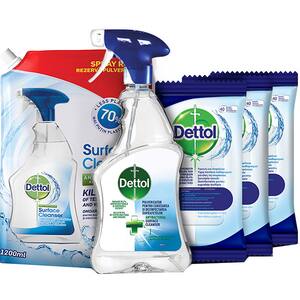 Pachet DETTOL Safe Family: Dezinfectant suprafete, 500ml + Rezerva dezinfectant suprafete, 1200ml + Servetele dezinfectante, 3 pachete, 40 buc
