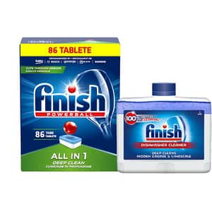 Pachet detergent vase FINISH All in One Max, 86 tablete + solutie de curatare FINISH, pentru masina de spalat vase, 250 ml