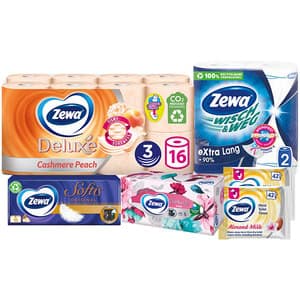 Pachet ZEWA, 6 produse: Hartie Igienica, Role bucatarie, Batiste nazale, Servetele faciale, 2 x Hartie igienica umeda