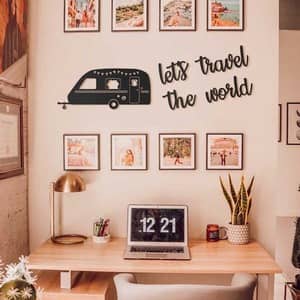 Decoratiune perete Let's Travel The World, 20 x 8 cm, metal, negru