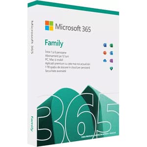 Microsoft 365 Family, Engleza, Subscriptie 1 an, 6 PC/Mac, 6 Tablete, 6 Telefoane, Windows, MacOS, iOS, Android
