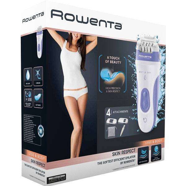 Epilator ROWENTA Skin Respect EP8020F0, 24 pensete, 2 viteze, 4 accesorii, Wet&Dry, acumulator, alb-lila