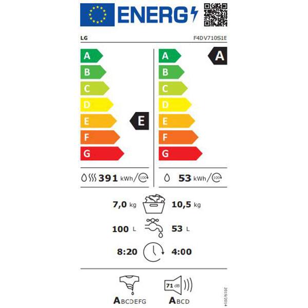Masina de spalat rufe frontala cu uscator LG F4DV710S1E, Steam+, Wi-Fi, 10.5/7kg, 1400rpm, Clasa A/E, alb
