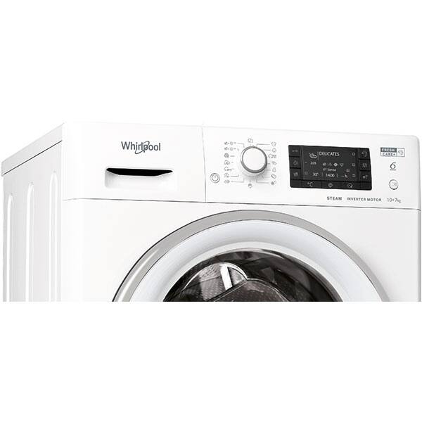 Masina de spalat rufe frontala cu uscator WHIRLPOOL FWDD 1071682 WSV EU N, 6th Sense, 10/7 kg, 1600rpm, Clasa D/E, alb