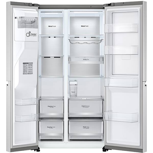 Side By Side LG GSJV91BSAE, Total No Frost, 635 l, H 179, cm, Clasa E, dozator apa UVnano, DoorCooling+, ThinQ, argintiu
