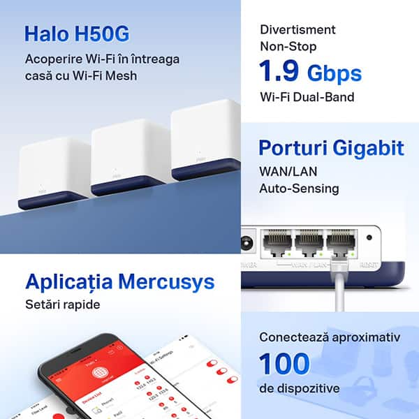 Sistem Wi-Fi Mesh MERCUSYS Halo H50G AC1900, Dual-Band 600 + 1300 Mbps, 3 buc, alb