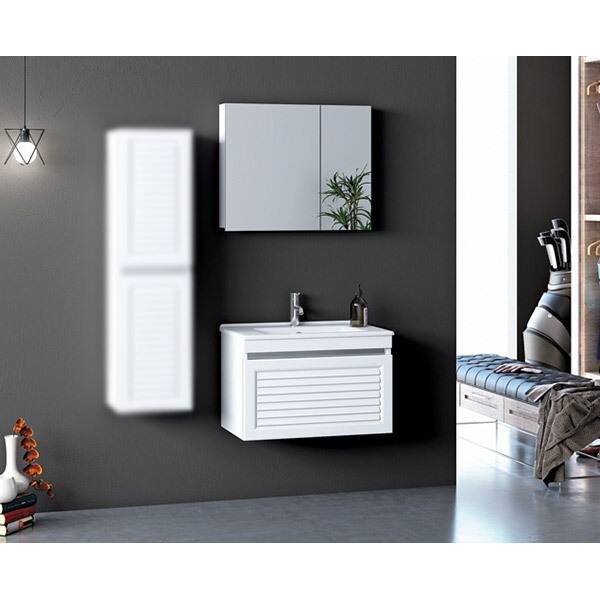 Set mobilier baie cu oglinda Megan, 75 x 43.5 x 195 cm, alb