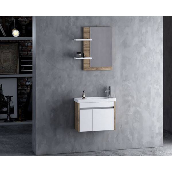 Set mobilier baie cu oglinda Micra, 60 x 22 x 195 cm, alb-maro