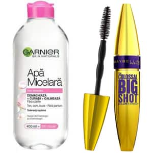 Pachet promo Mascara MAYBELLINE NEW YORK Colossal Big Shot, Black, 9.5ml + Apa micelara Garnier Sensitive, 400ml