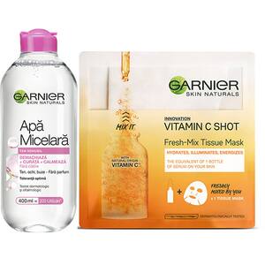 Set GARNIER Skin Naturals: Apa micelara pentru ten sensibil, 400ml + Masca de fata FreshMix cu vitamina C, 32g