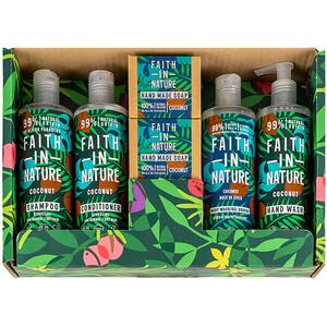 Set cadou FAITH IN NATURE Cocos: Sampon, 400ml + Balsam de par, 400ml + Gel de dus, 400ml + Sapun lichid, 400ml + Sapun, 100g, 2buc