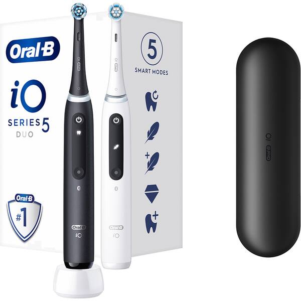 Set 2 periute de dinti electrice ORAL-B iO5, Bluetooth, 40000 pulsatii/min, Curatare 3D, 5 programe, 2 capate, alb-negru