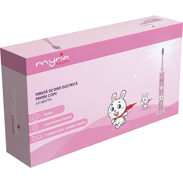 Periuta de dinti electrica copii MYRIA MY4847PK, 31000 miscari/minut, 2 programe, 2 capete, roz
