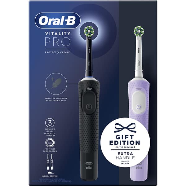 Set 2 periute de dinti electrice ORAL-B Vitality Pro, 7600 oscilatii/min, Curatare 2D, 3 programe, 2 capate, negru-violet