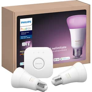 Kit 2 becuri LED PHILIPS Hue 8718699736002, 9W (60W), E27, Lumina RGB + Bridge