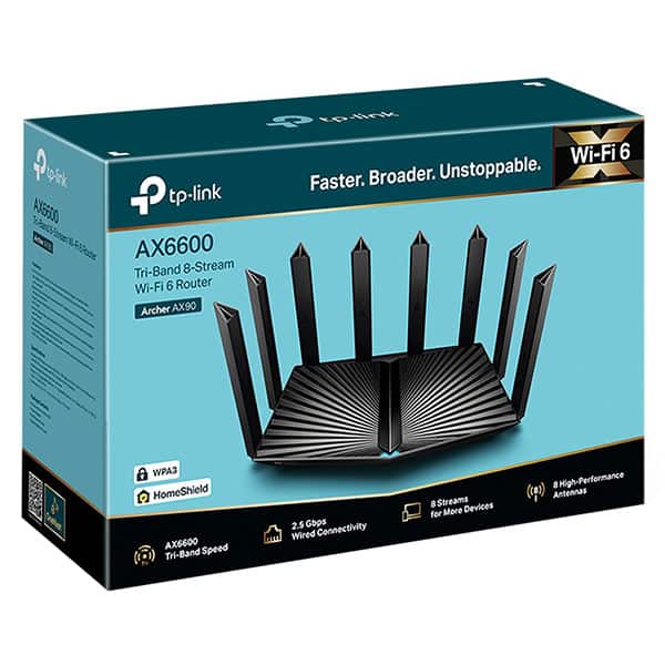 Router Wireless Gigabit TP-LINK Archer AX90 AX6600, Tri-Band 574 + 1201 + 4804 Mbps, USB 3.0, negru