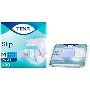 Pachet promo TENA: Scutece pentru adulti Slip Plus, M, 30buc + Servetele pentru igiena intima Wet Wipe, 48buc