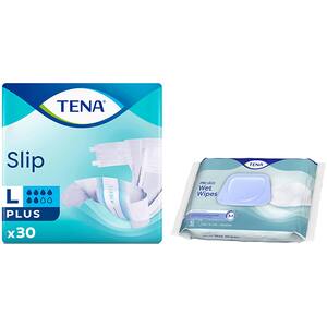 Pachet promo TENA: Scutece pentru adulti Slip Plus, L, 30buc + Servetele pentru igiena intima Wet Wipe, 48buc