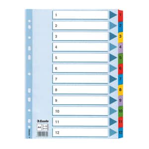 Separator ESSELTE 1-12, 225 x 297 mm, index laminat, 11 perforatii; format A4, alb
