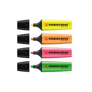Textmarker STABILO Boss, 2-5 mm, 4 culori (galben, portocaliu, verde, roz)