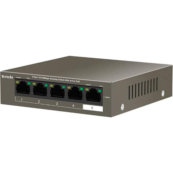 Switch TENDA TEF1105P-4-63W, 5 porturi Fast Ethernet, 4 porturi PoE, argintiu