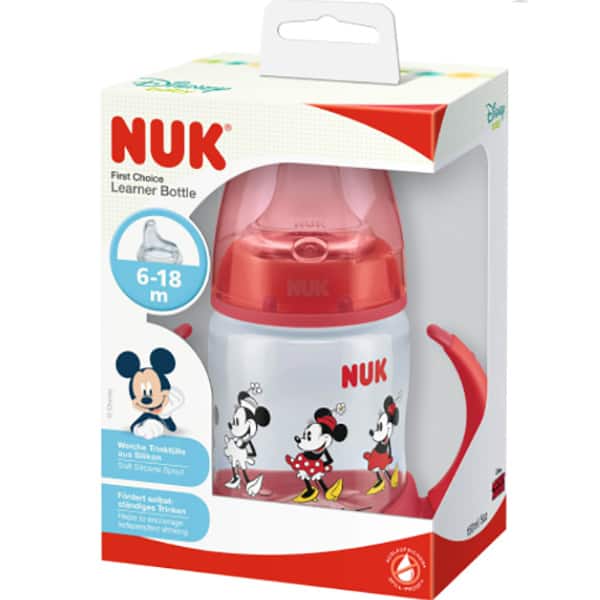 Biberon NUK First Choice Mickey Mouse 10215268, flux lent, 6-18 luni, 150ml, rosu-transparent 