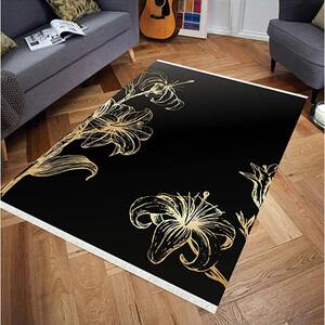 Covor living / dormitor Flower, 80 x 200 cm, poliester, negru-auriu