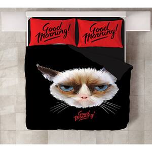 Lenjerie de pat Angry Cat, 2 persoane, 80% bumbac + 20% poliester, 200 x 220 cm, 4 piese
