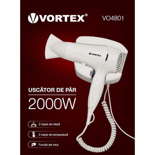 Uscator de par VORTEX VO4801, 2000W, 2 viteze, 2 trepte temperatura, alb