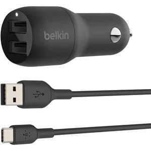 Incarcator auto BELKIN CCE001bt1MBK, 2xUSB-C 24W, Cablu Lightning, negru