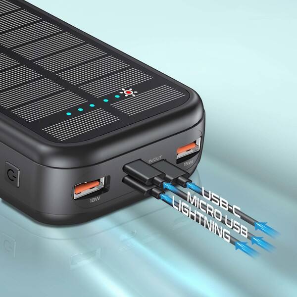 Baterie externa solara PROMATE SolarTank-20PDCi, 20000mAh, 2x USB-A, 2x USB-C Power Delivery (PD) 20W, 1x Lightning, negru
