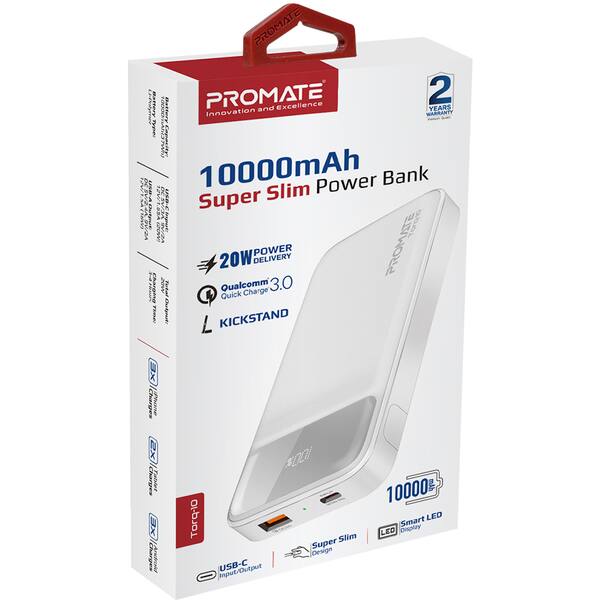 Baterie externa PROMATE Torq-10, 10000mAh, 1x USB-C Power Delivery (PD) 20W, 1x USB-A Quick Charge 3.0 18W, alb