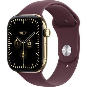 Apple Watch Series 12, GPS + Cellular, 46mm, Radiant Gold Titanium Case, Burgundy Sport Band - S/M