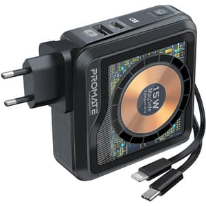 Baterie externa wireless PROMATE TransMag-20Pro, 10000mAh, 1xUSB-C, 1xUSB-A, 1xLightning, 22.5W, negru