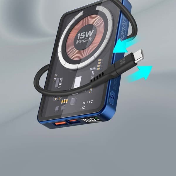 Baterie externa wireless PROMATE TransPack-10, 10000mAh, 1x USB-C Power Delivery (PD) 20W, 1x USB-A Quick charge 3.0 22.5W, Wireless QI 15W, albastru