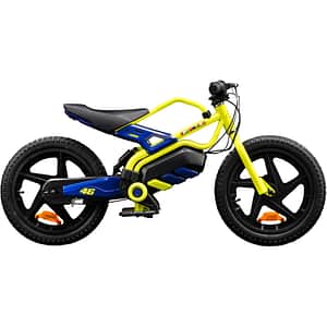 Bicicleta asistata electric fara pedale VR46 Motorbike, roata 12", motor 150W, viteza max 12 Km/h, albastru-galben