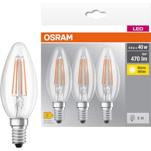 Set 3 becuri LED OSRAM filament, E14, 4W, 470lm, lumina calda