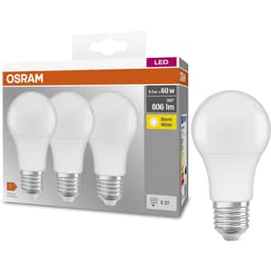 Set 3 becuri LED OSRAM, E27, 8.5W, 806lm, lumina calda